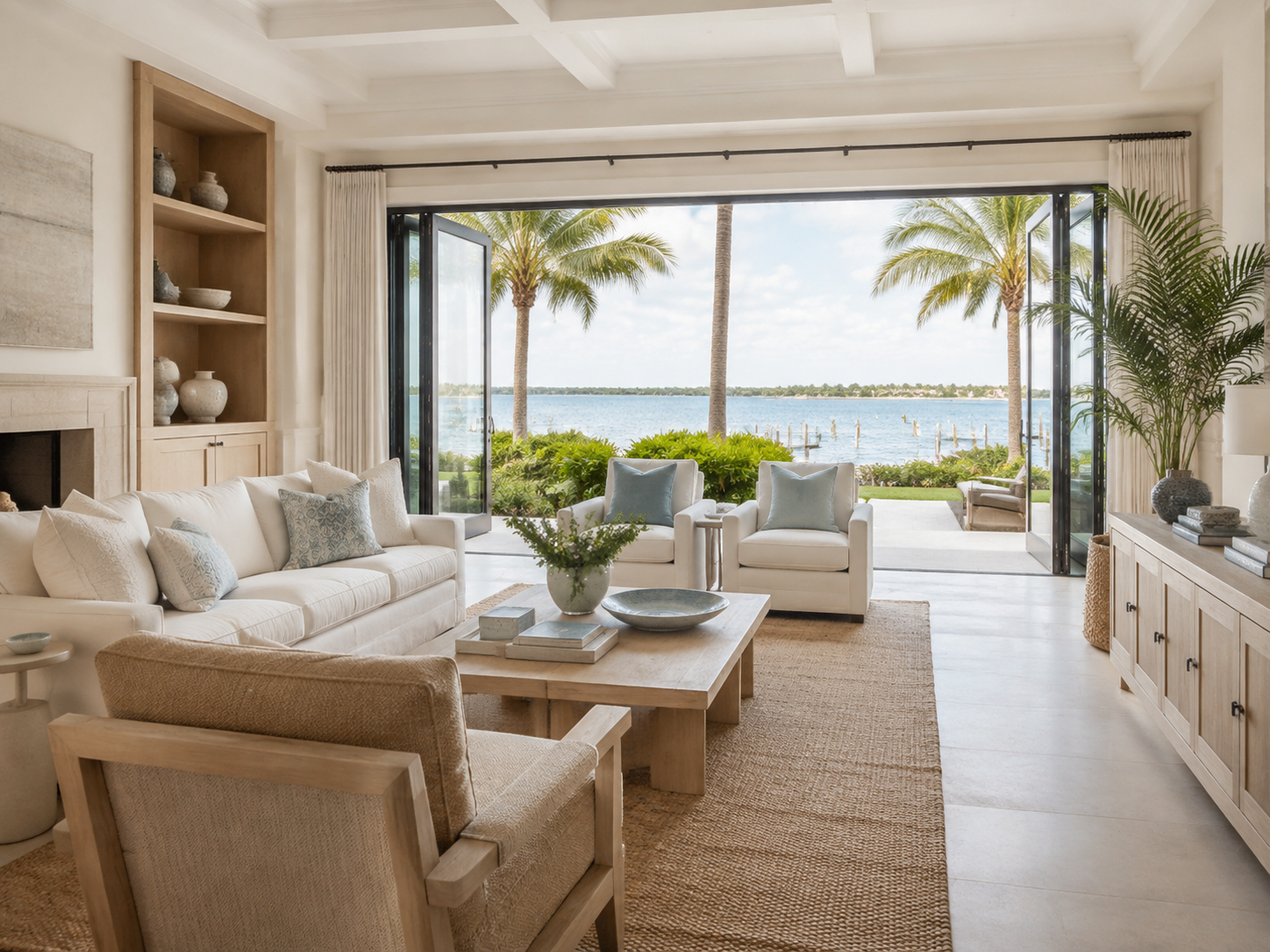 Airy coastal living room with water views